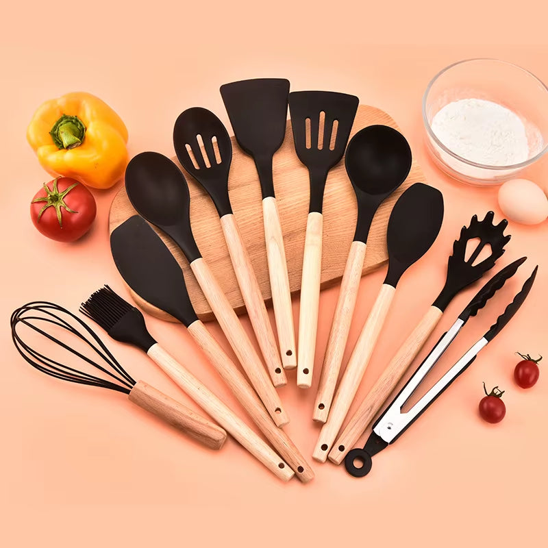 12-Piece Non-Stick Silicone Cooking Tools with Wooden Handle Set for High Temperature Resistance