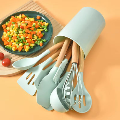 12-Piece Non-Stick Silicone Cooking Tools with Wooden Handle Set for High Temperature Resistance