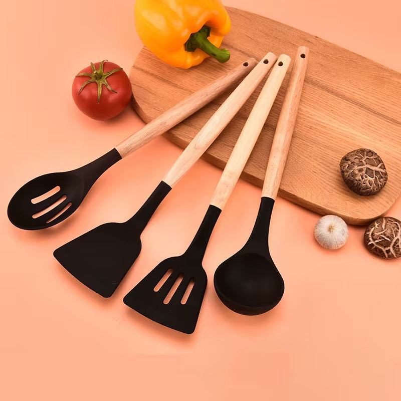 12-Piece Non-Stick Silicone Cooking Tools with Wooden Handle Set for High Temperature Resistance