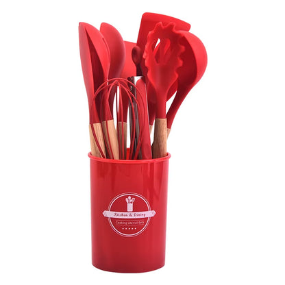 12-Piece Non-Stick Silicone Cooking Tools with Wooden Handle Set for High Temperature Resistance